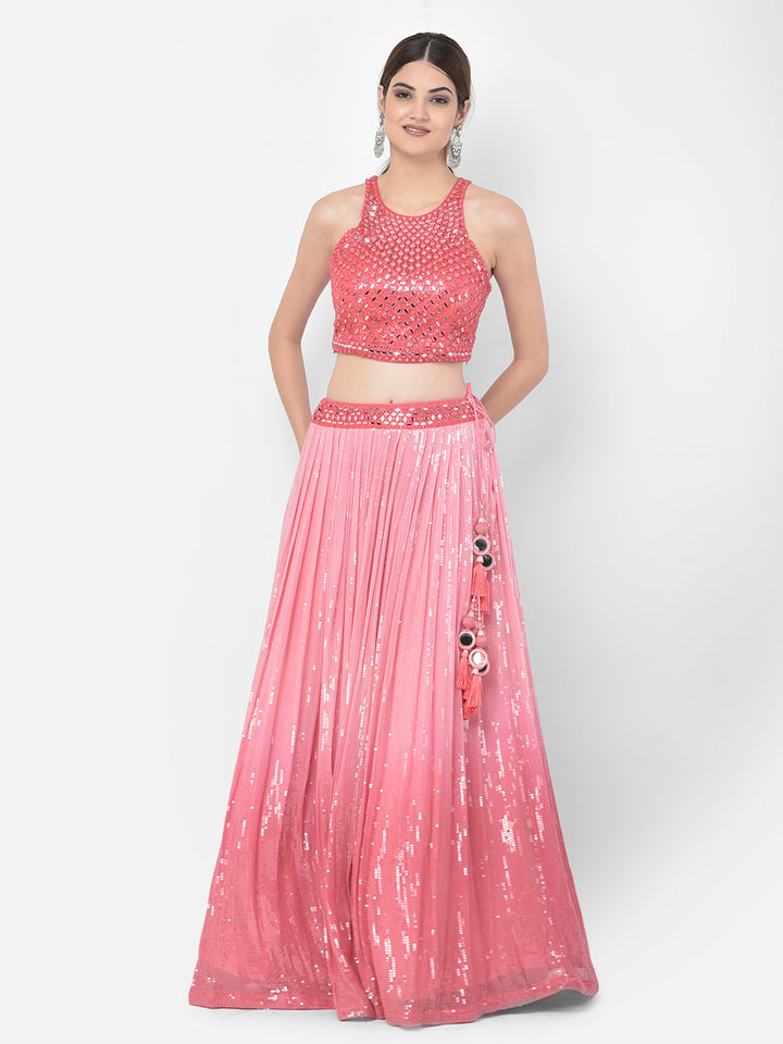Neerus Pink georgette embellished lehenga choli set - front view
