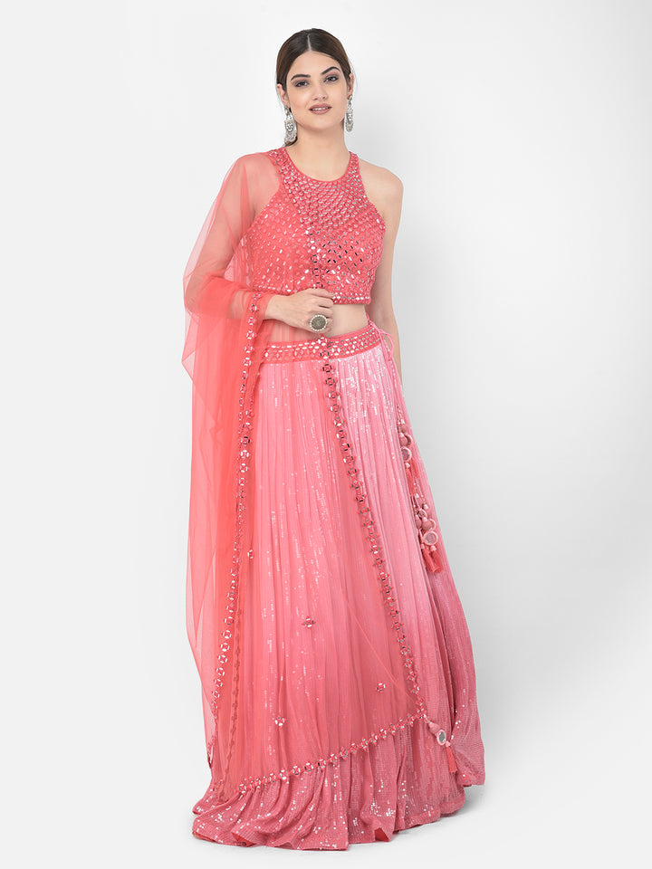 Neerus Pink georgette embellished lehenga choli set - detail view 5