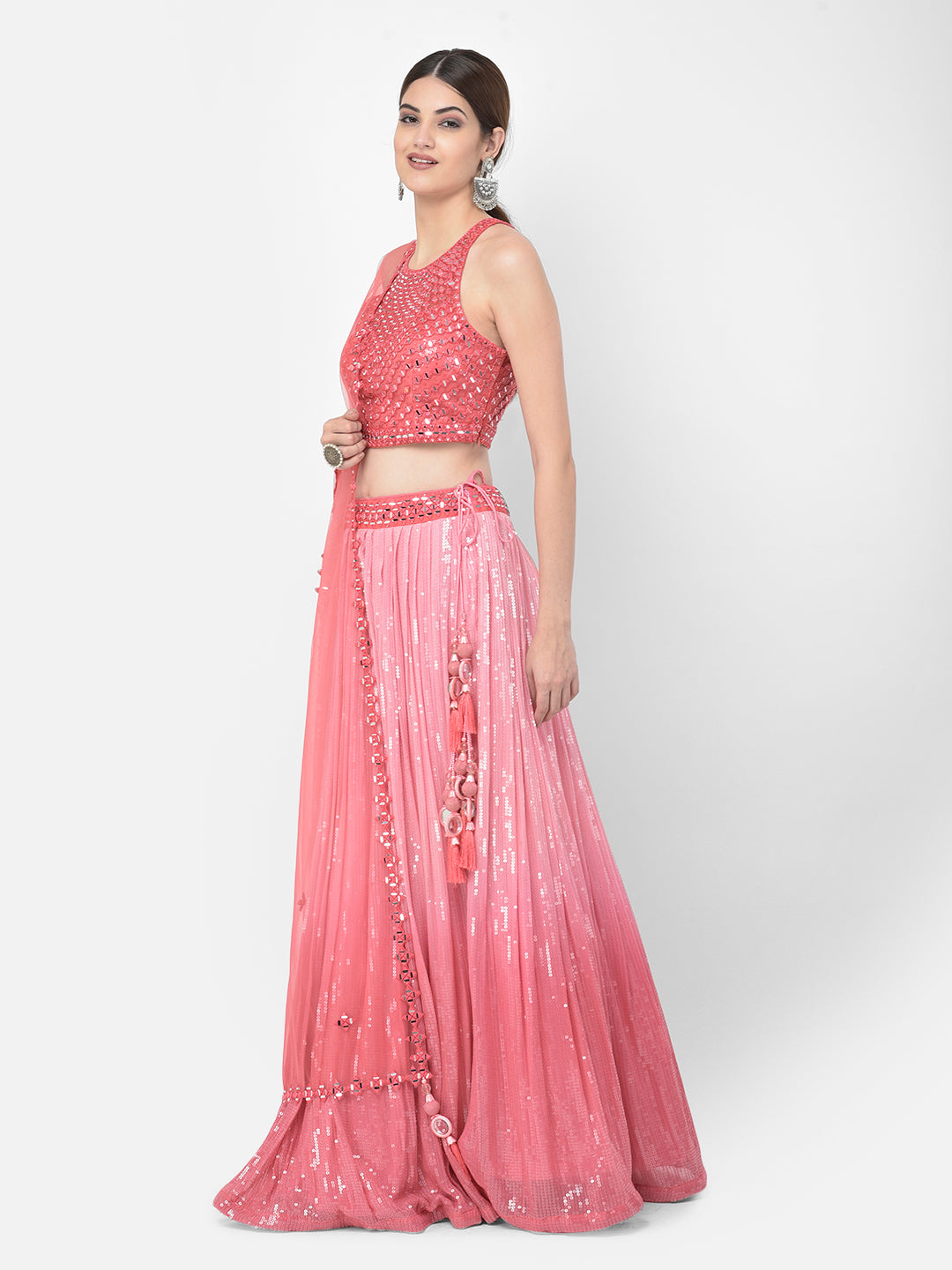 Neerus Pink georgette embellished lehenga choli set - back view