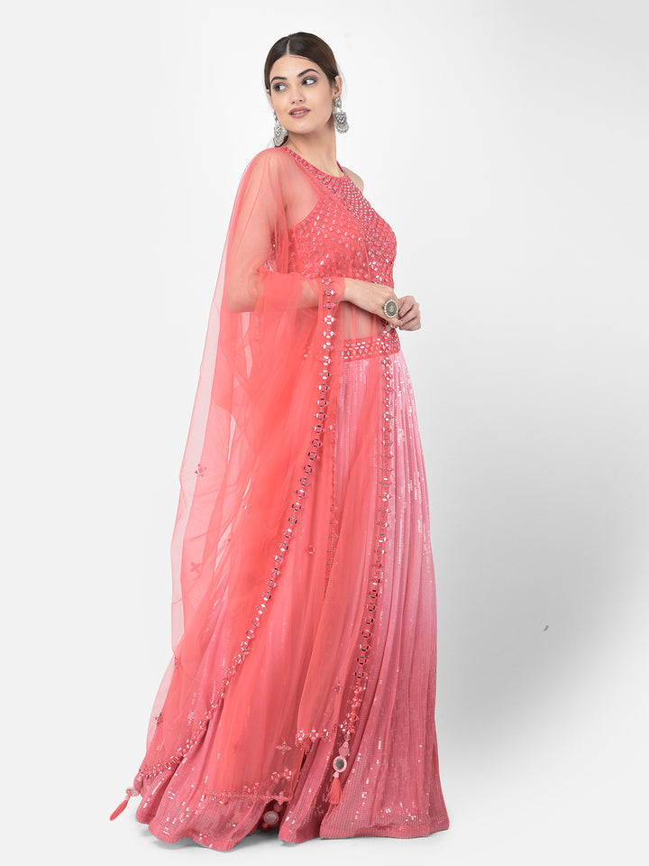 Neerus Pink georgette embellished lehenga choli set - side view