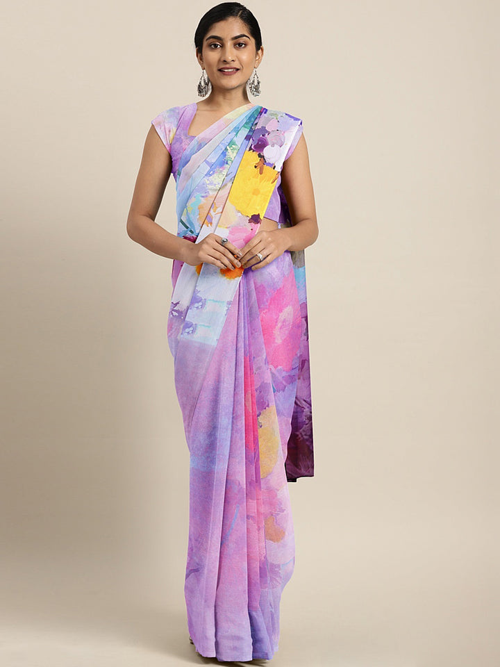 Neerus Purple crepe printed saree - front view