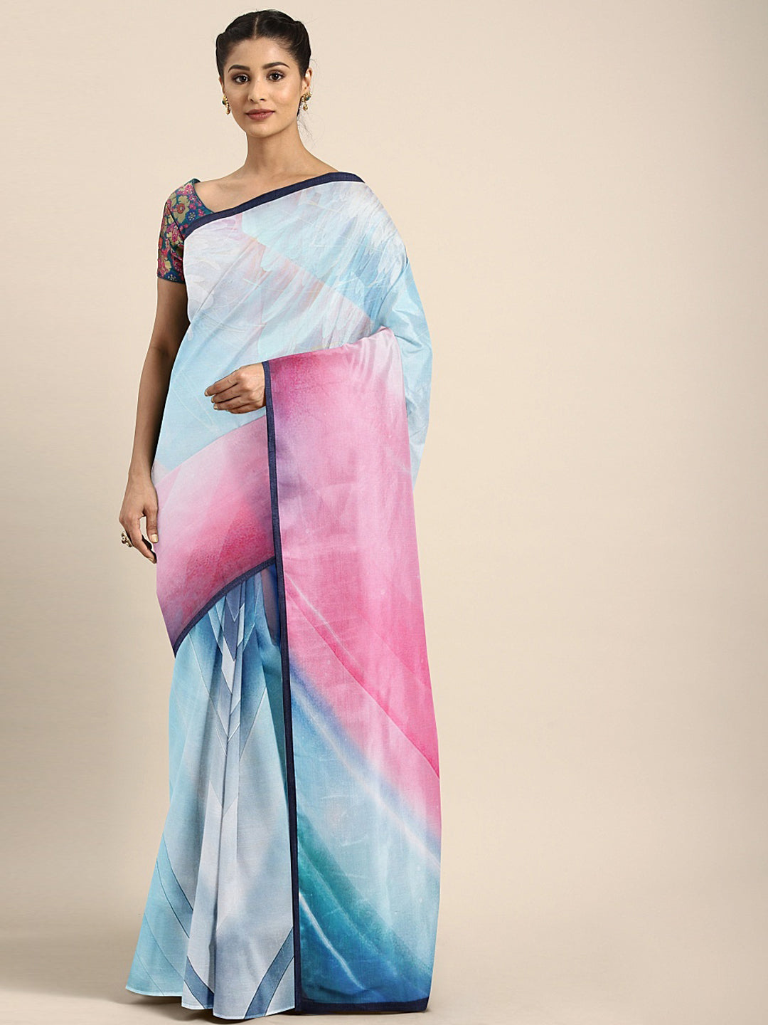Neeru's Blue & Pink Printed Saree With Blouse
