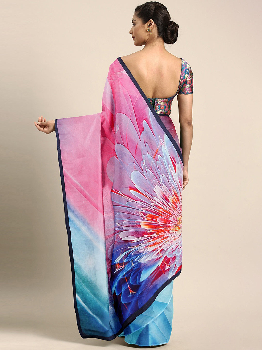 Neerus Blue & Pink Printed Saree With Blouse