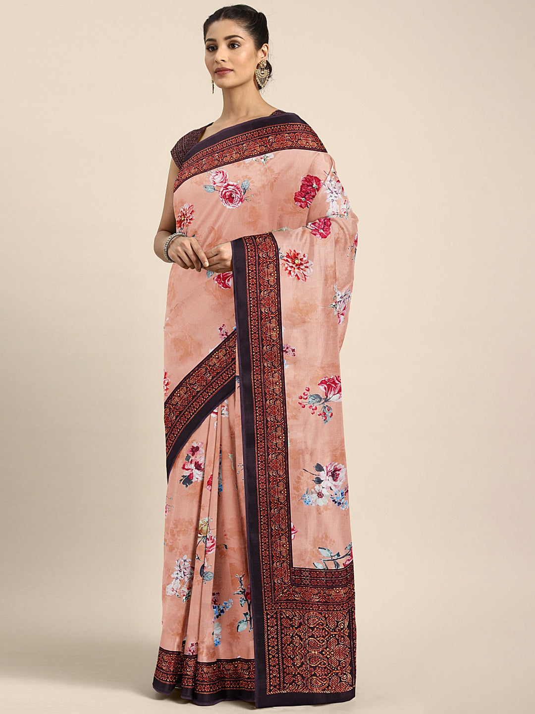 Neerus Peach Printed Saree With Blouse