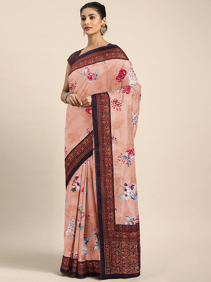 Neerus Peach Printed Saree With Blouse