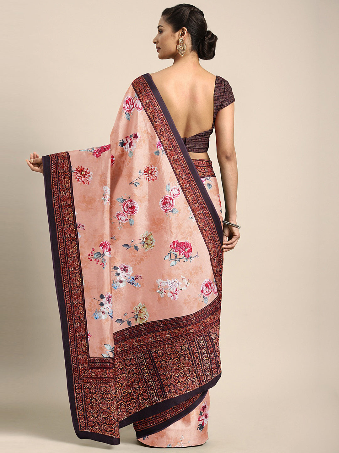 Neerus Peach Printed Saree With Blouse