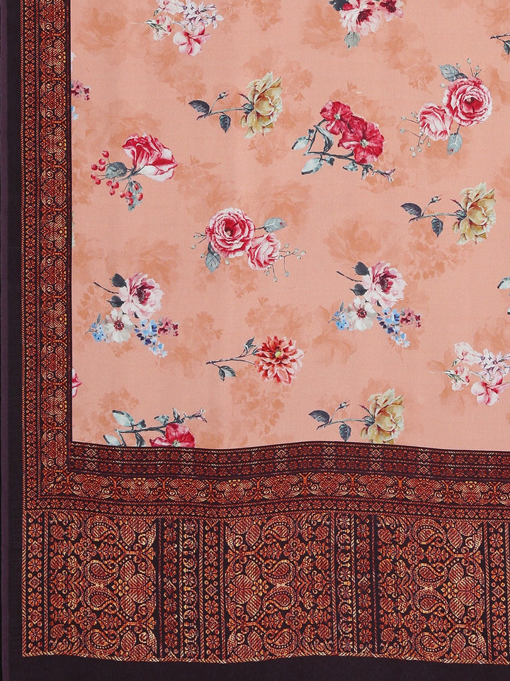 Neerus Peach Printed Saree With Blouse