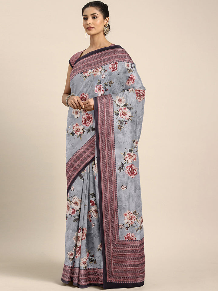 Neerus Grey Printed Saree With Blouse