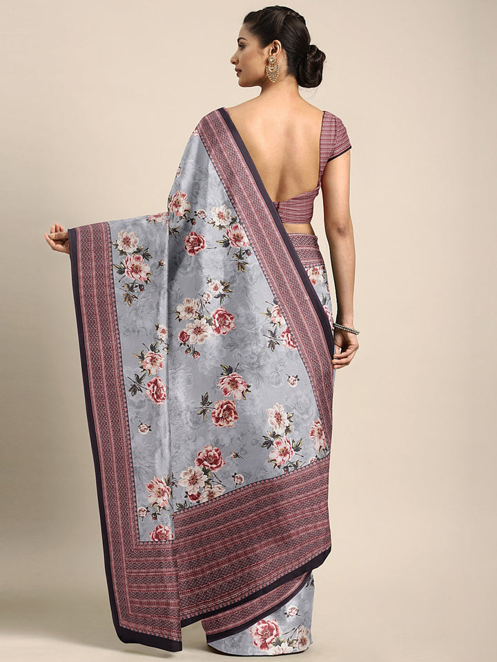 Neerus Grey Printed Saree With Blouse