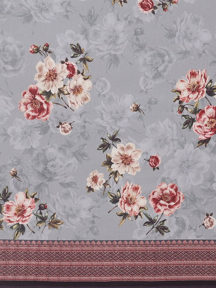 Neerus Grey Printed Saree With Blouse