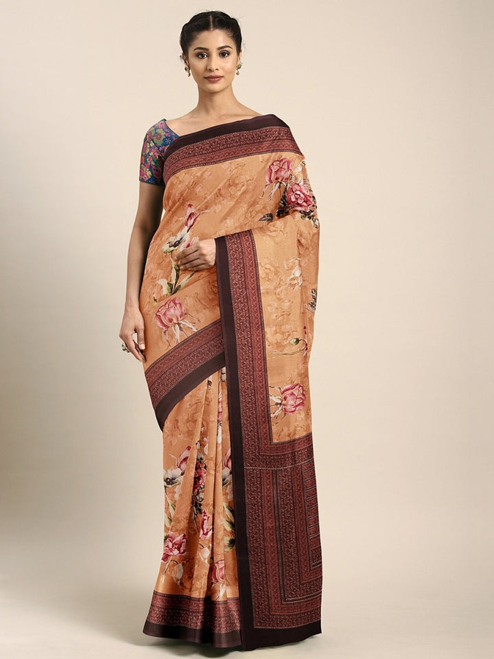 Neerus Orange Printed Saree With Blouse