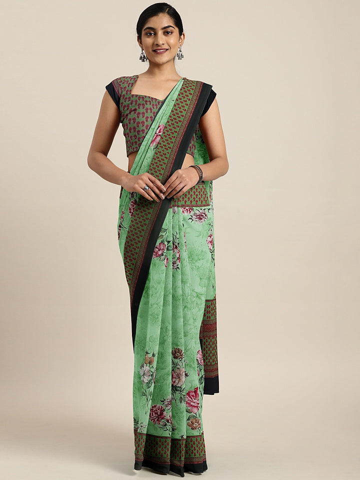 Neerus Green Printed Saree With Blouse