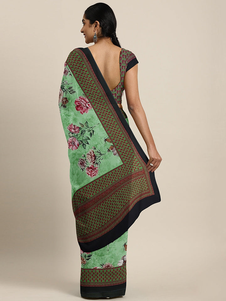 Neerus Green Printed Saree With Blouse