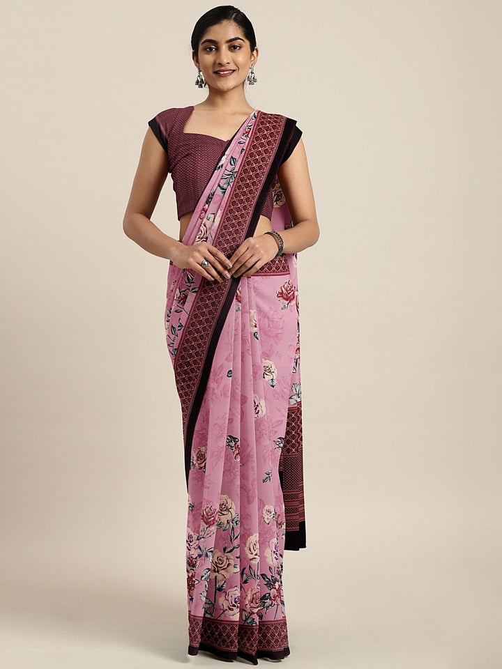 Neerus Pink Printed Saree With Blouse