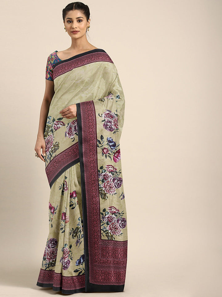 Neerus Green Printed Saree With Blouse