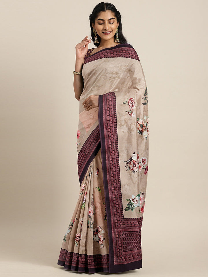 Neerus Beige Printed Saree With Blouse