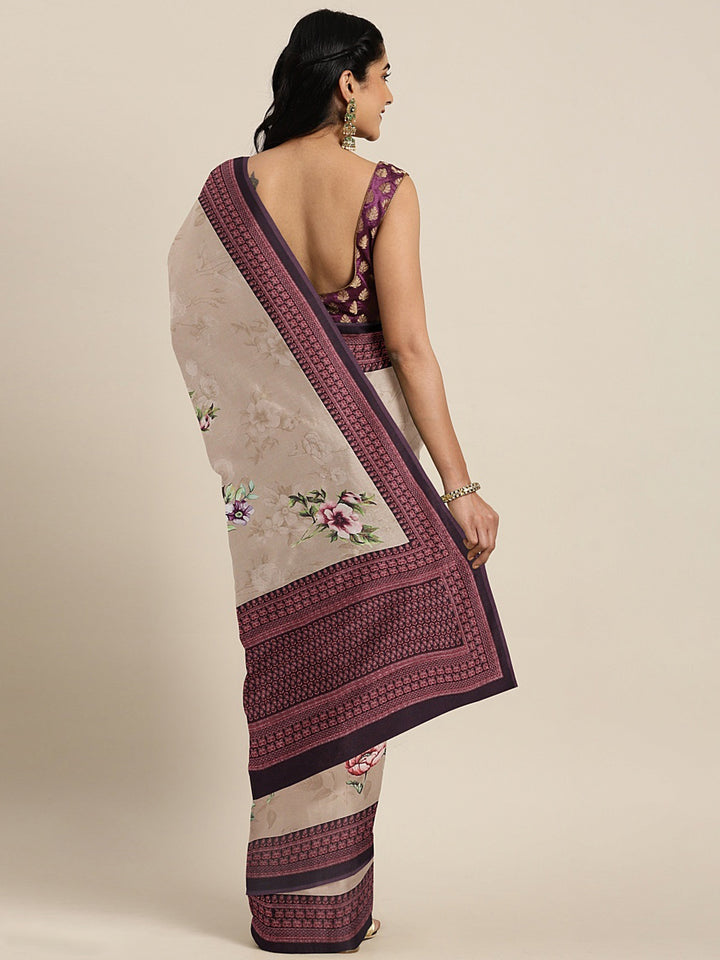 Neerus Beige Printed Saree With Blouse