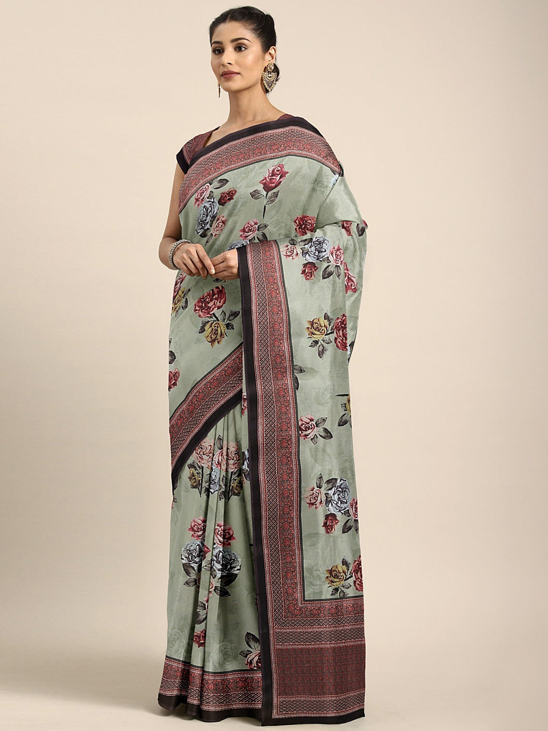 Neerus Green Printed Saree With Blouse