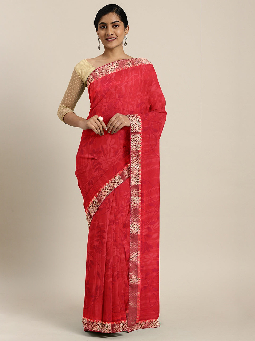 Neerus Red Printed Saree With Blouse