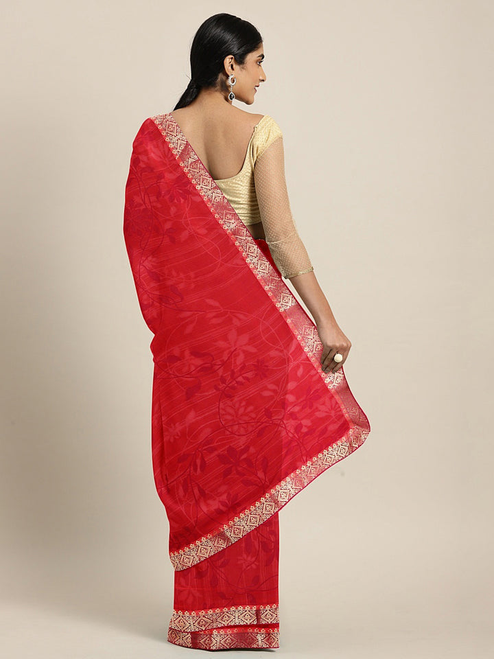 Neerus Red Printed Saree With Blouse