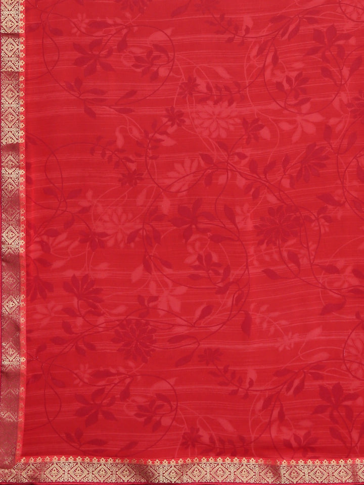 Neerus Red Printed Saree With Blouse