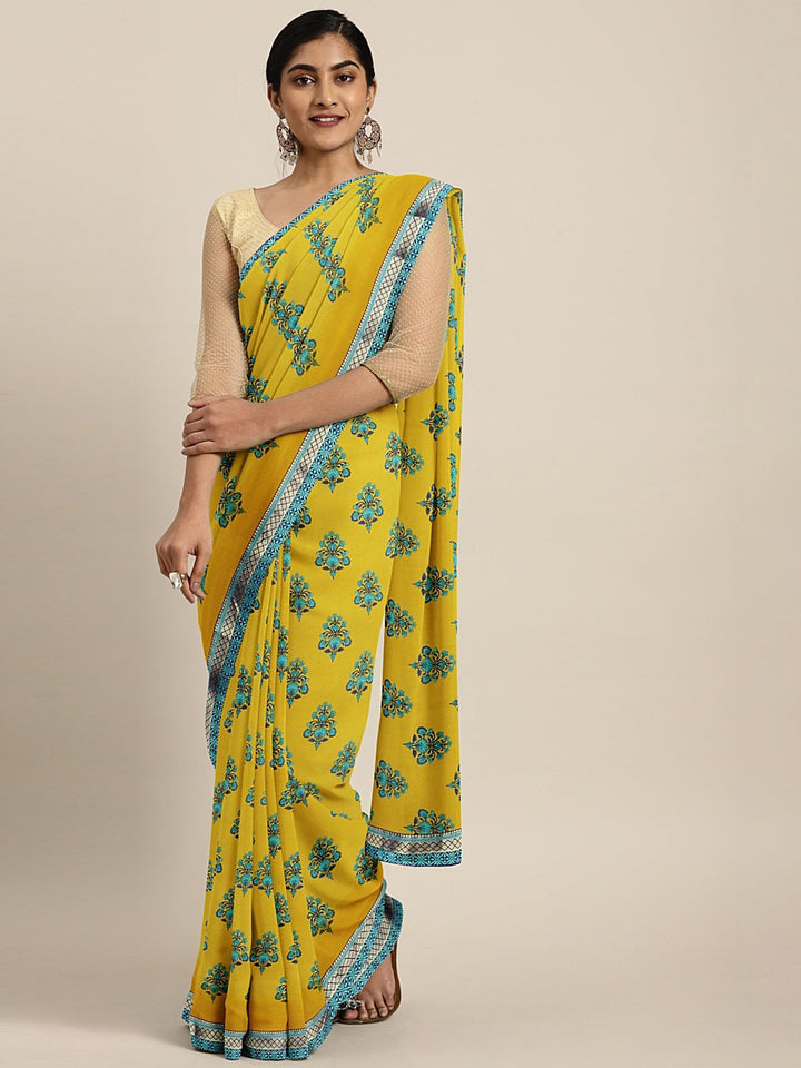 Neerus Yellow Printed Saree With Blouse