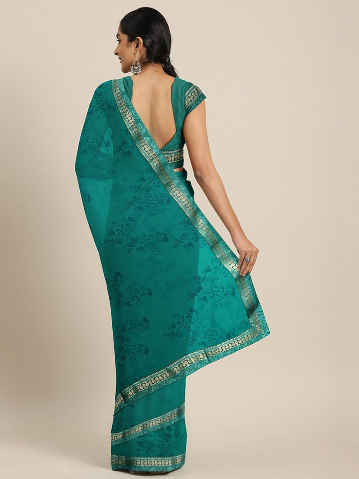 Neerus Blue Printed Saree With Blouse