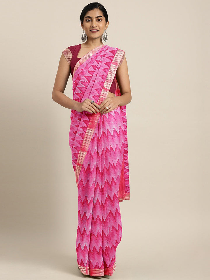 Neerus Pink Printed Saree With Blouse