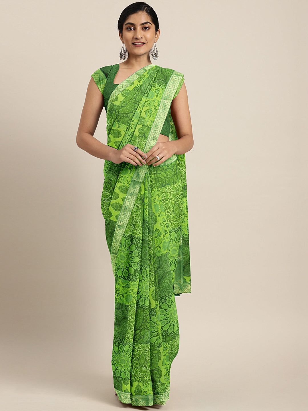Neerus Green Printed Saree With Blouse