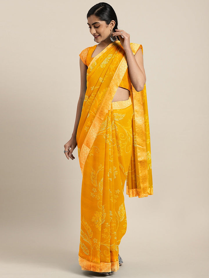 Neerus Yellow Printed Saree With Blouse