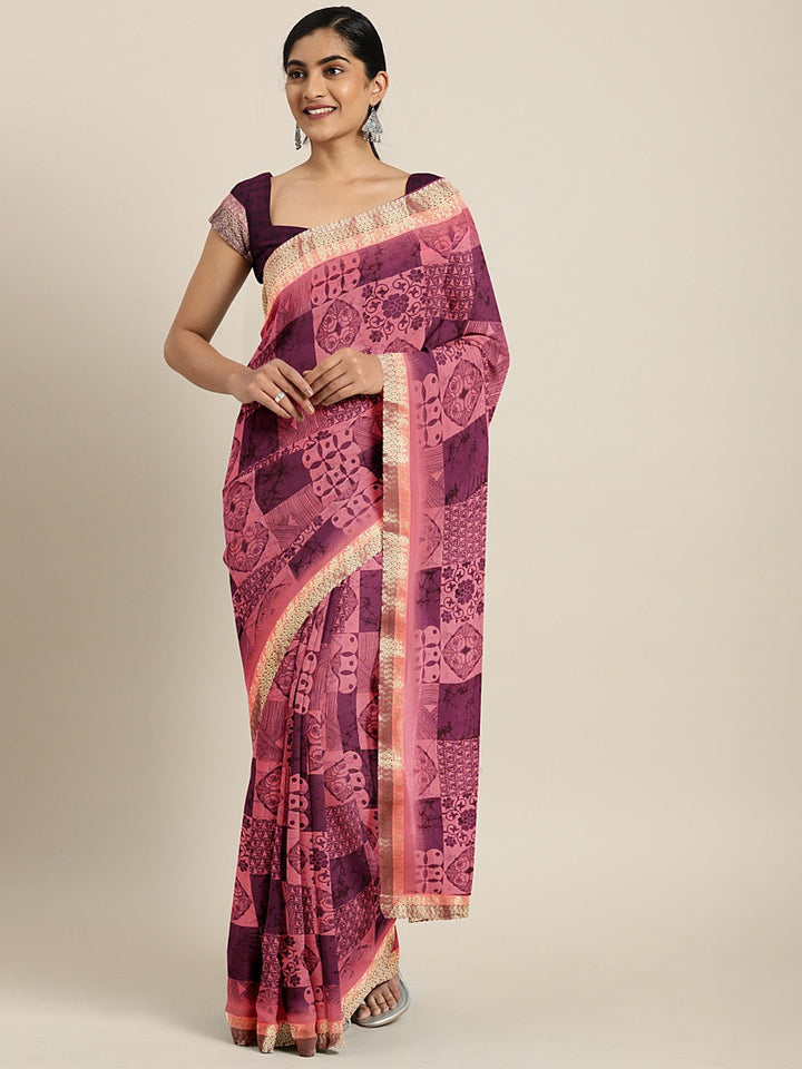 Neerus Mauve Printed Saree With Blouse