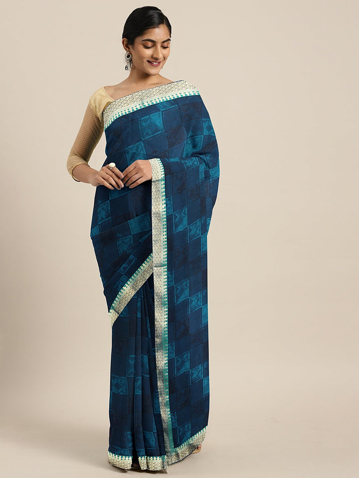 Neerus Blue Printed Saree With Blouse