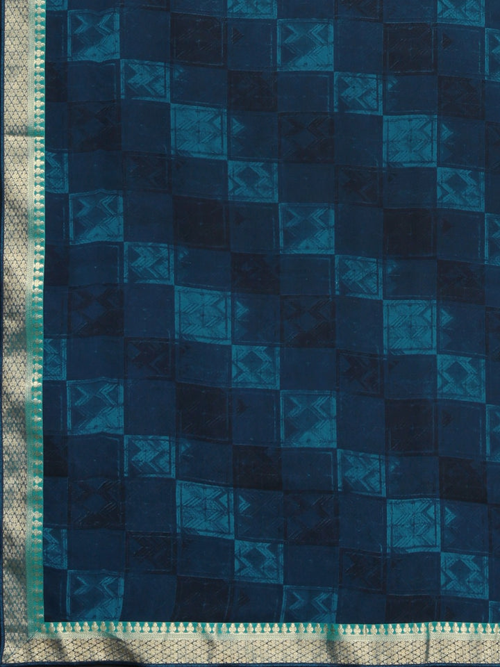 Neerus Blue Printed Saree With Blouse