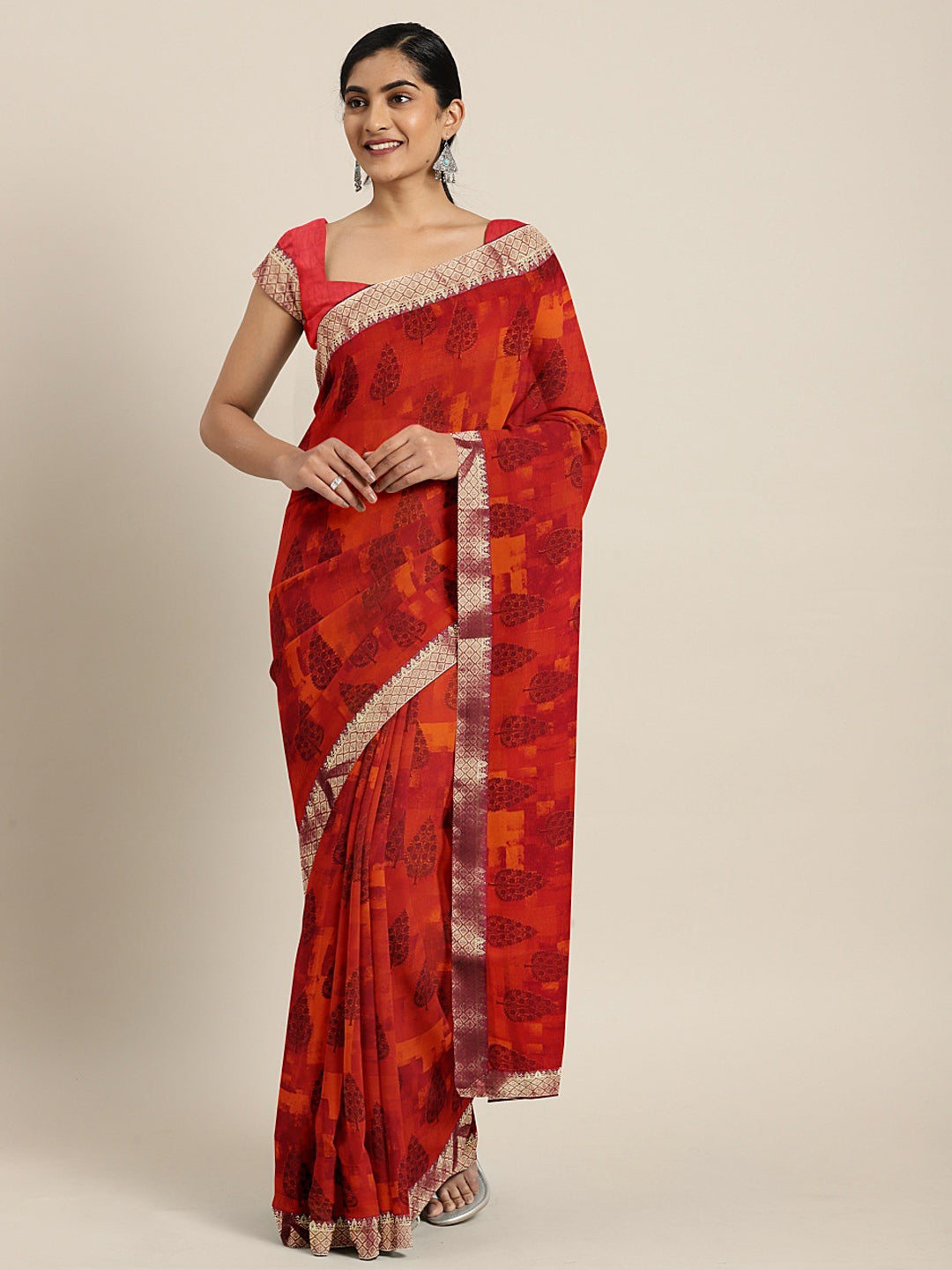 Neerus Red Printed Saree With Blouse
