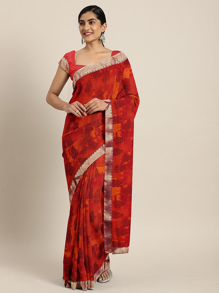 Neerus Red Printed Saree With Blouse