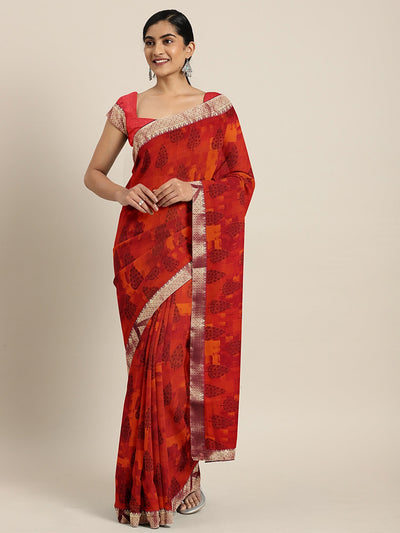 Neeru's Red Printed Saree With Blouse
