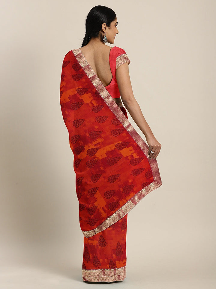 Neerus Red Printed Saree With Blouse