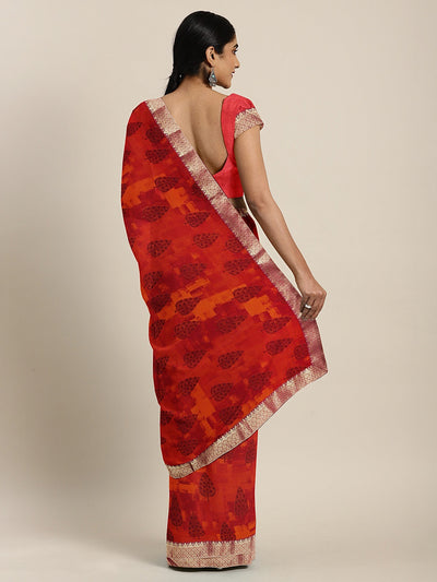 Neeru's Red Printed Saree With Blouse