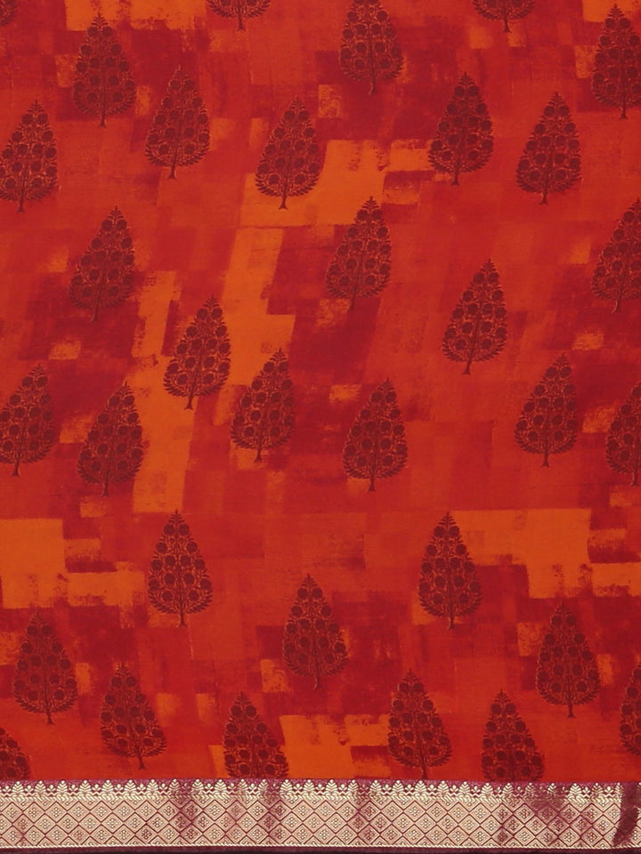Neerus Red Printed Saree With Blouse