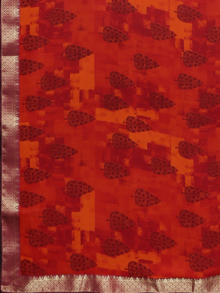 Neerus Red Printed Saree With Blouse