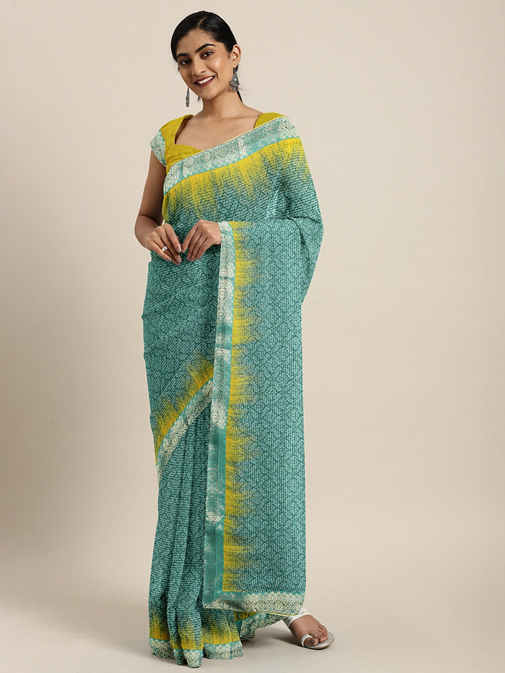 Neerus Aqua Printed Saree With Blouse