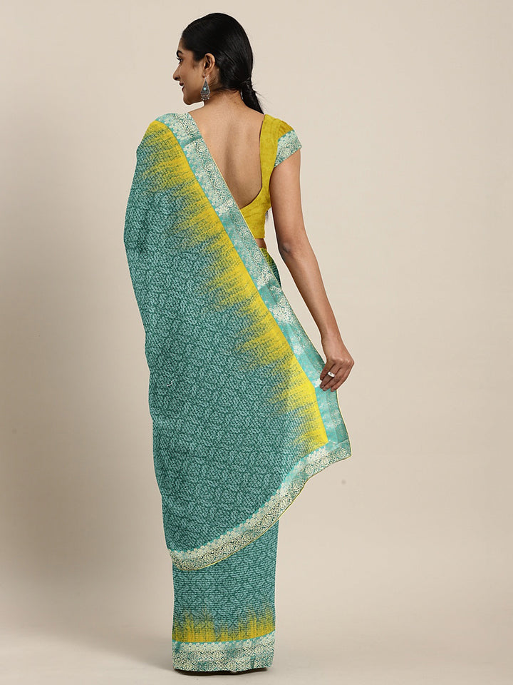 Neerus Aqua Printed Saree With Blouse