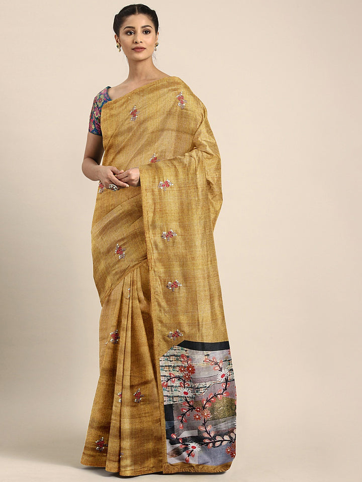 Neerus Brown embellished saree with blouse piece - front view