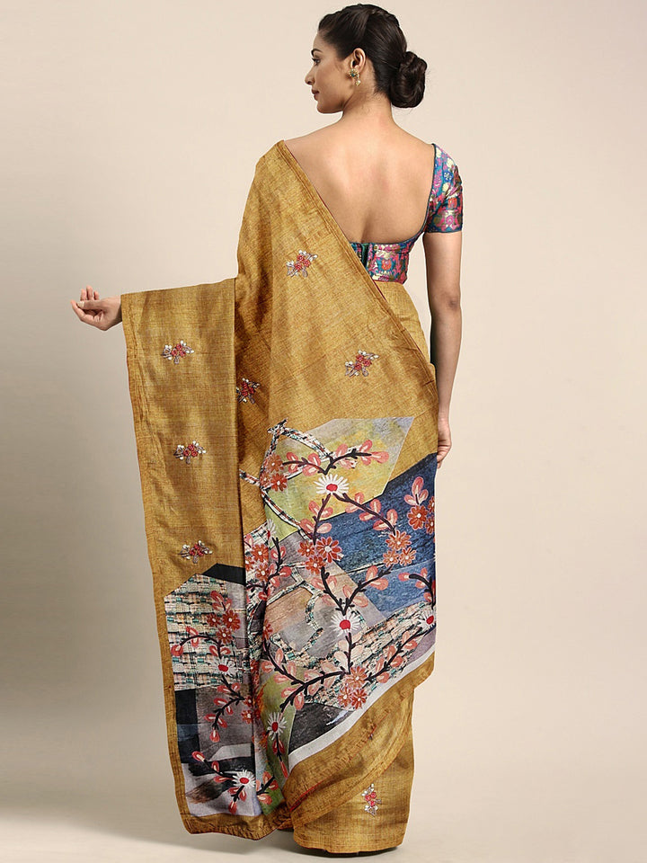Neerus Brown embellished saree with blouse piece - back view