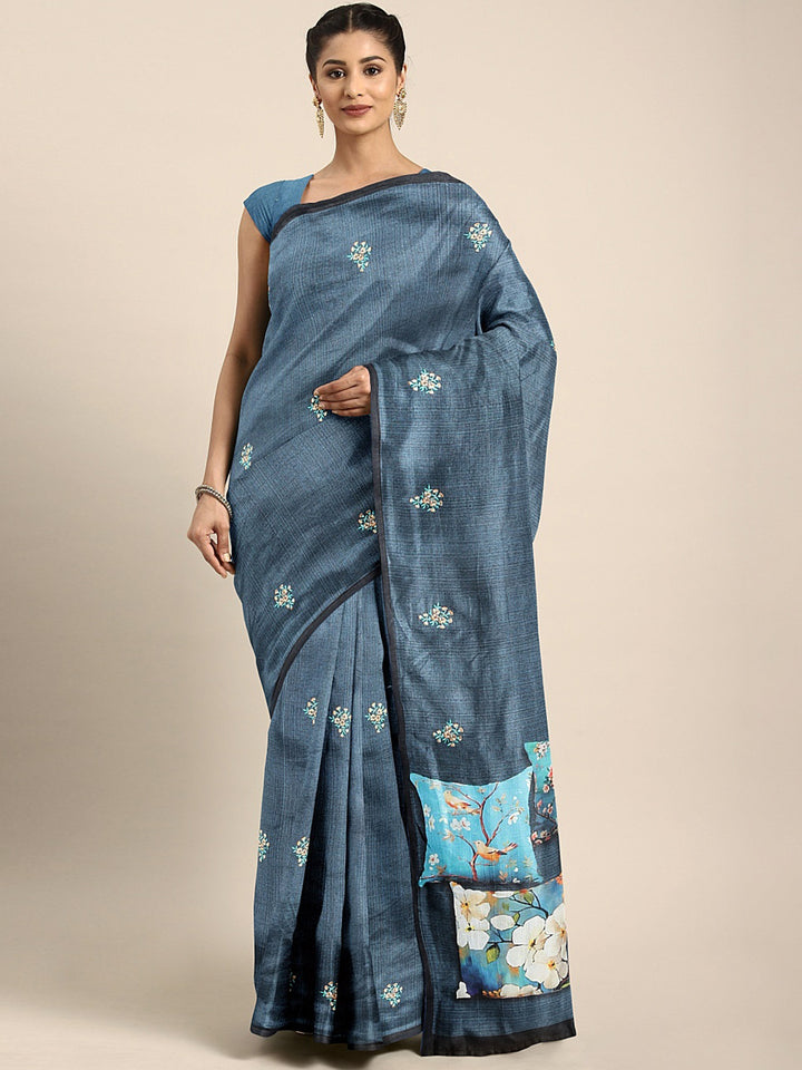 Neerus Blue Printed Saree With Blouse