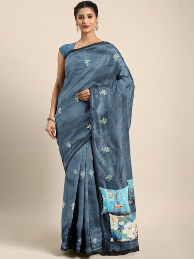 Neeru's Blue Printed Saree With Blouse