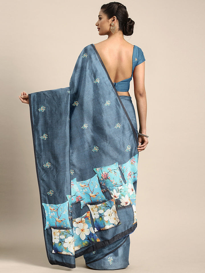 Neerus Blue Printed Saree With Blouse