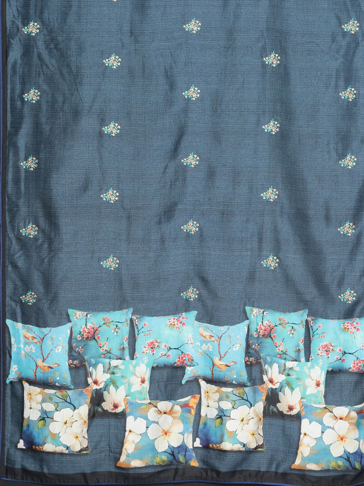 Neerus Blue Printed Saree With Blouse