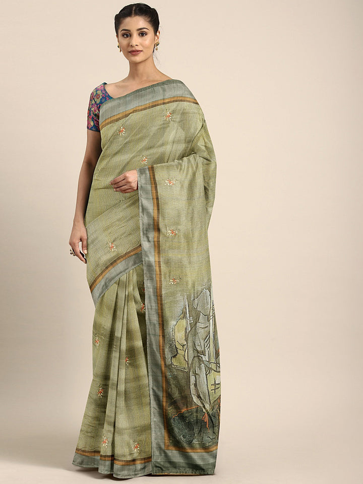 Neerus Olive Printed Saree With Blouse