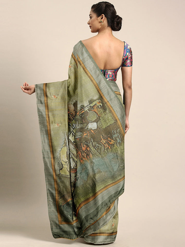 Neerus Olive Printed Saree With Blouse